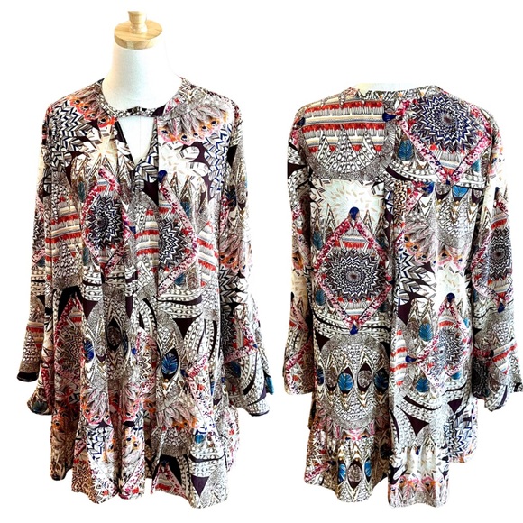 *NWT* BOUTIQUE Umgee Swing Midi Feather Print in Chocolate Red & Bright Blue —S - Picture 3 of 8